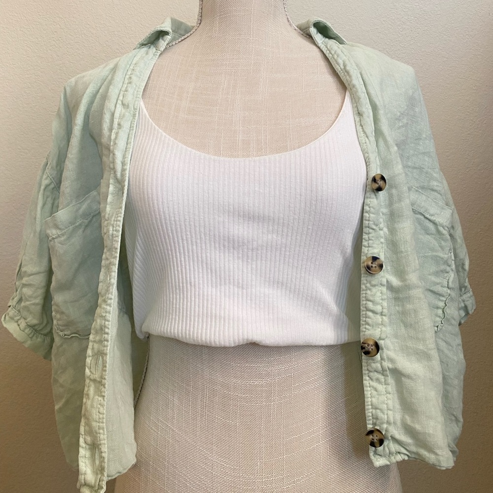 Light Green Zara Linen Button Up Tee
